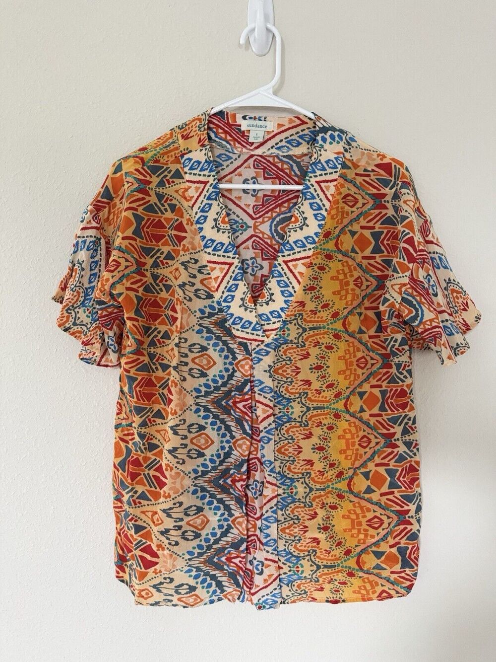 Sundance Catalog Tribal Aztec Print Flutter Sleeve V-neck Top Size S Colorful